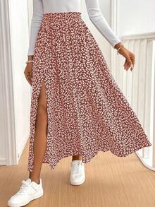 Frenchy Falda larga con abertura y volantes con estampado floral ditsy, casual y de moda para uso diario, vacaciones de verano, color azul floral, para resort - Rojo - Ver 5