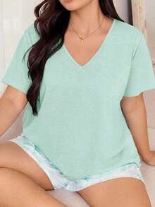 Miss Vinta Women's Plus Size 2-Piece Pajama Set With Short-Sleeve V-Neck Top And Floral Print Shorts. Comfortable Summer Pajama Set For Women With Shorts And Top, Summer Loungewear - 綠色的 - 查看 9