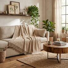 Premium Oasis Double Sofa Throw With Fringe And Super Comfortable Geometric Texture - 2.40x1.80m - Sand - View 5