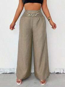Women's Casual Wide-Leg Linen Pants With Metal Chain Detail, Autumn Style - 摩卡棕 - 查看 5