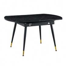 Modern Extendable Dining Table, Transforms From Round To Oval, MDF Tabletop In Black/Walnut With Gold Details, Sturdy Metal Legs, Saves Space In The Kitchen And Dining Room. - Black - View 2