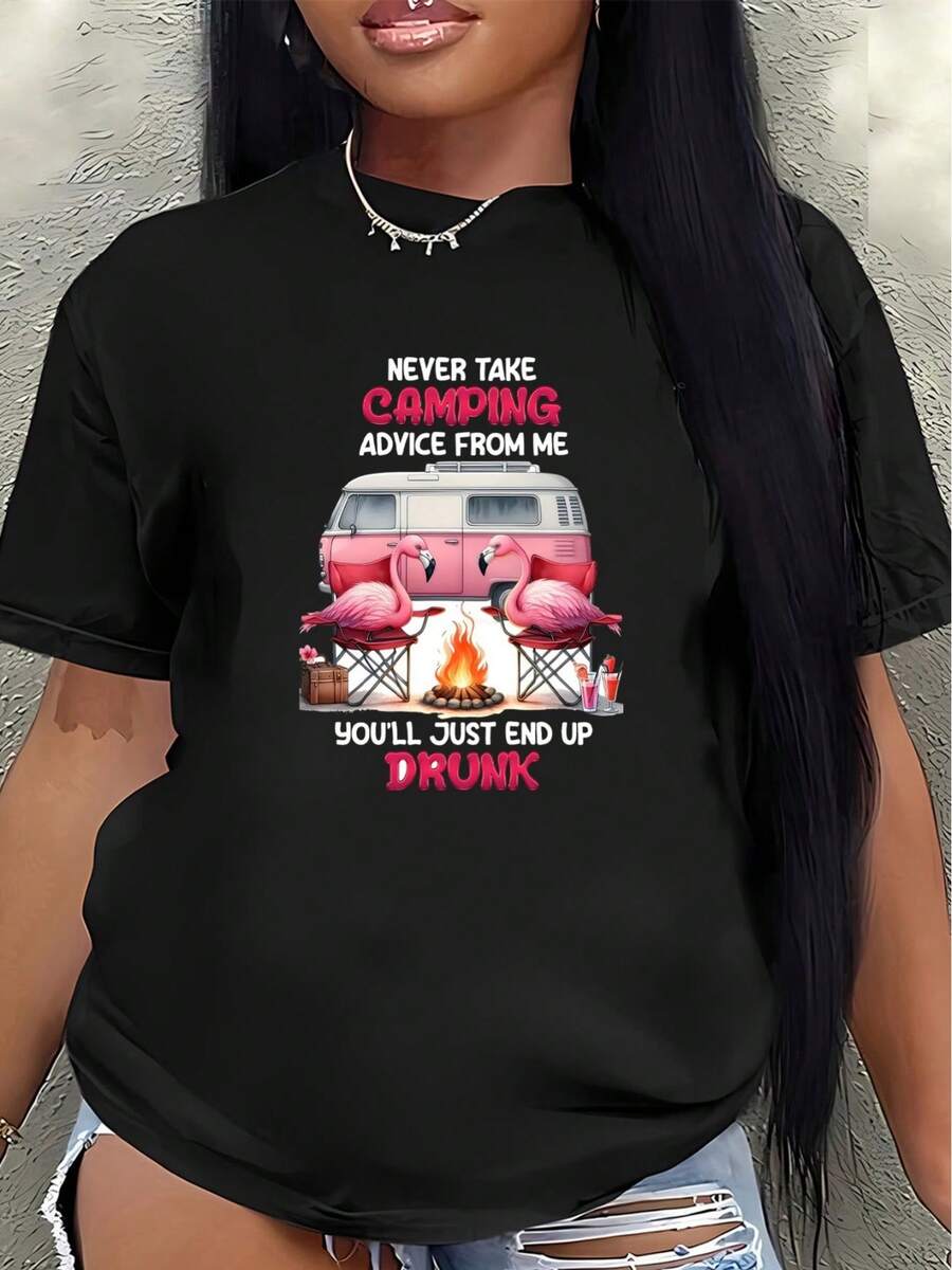 Camiseta ligera y resistente, con divertidos motivos de camping, es perfecta para actividades al aire libre y salidas de ocio, presentando un diseño de flamenco juguetón y un texto llamativo.women's shirts - Negro - Ver 1
