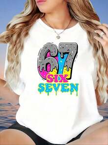 Graphic67 Six Seven Graphic T-Shirt With Colorful Drip Design, Women's Casual Summer Top, Oversized White T-Shirt, Fashion Garment, Women's T-Shirt - 白色 - 查看 4