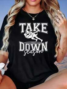 Women's 'Take Down Season' Wrestling Graphic T-Shirt, Summer Casual T-Shirt, Fashion Sports Top, Women's T-Shirt - 黑色 - 查看 6