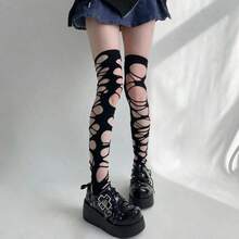 Quần legging lưới bất đối xứng gợi cảm phong cách Gothic Punk, tất cao đến đùi họa tiết mạng nhện Lolita dành cho nữ, thích hợp cho Halloween, quà Giáng sinh, mặc hàng ngày, hẹn hò. - Nhiều màu - Xem 3