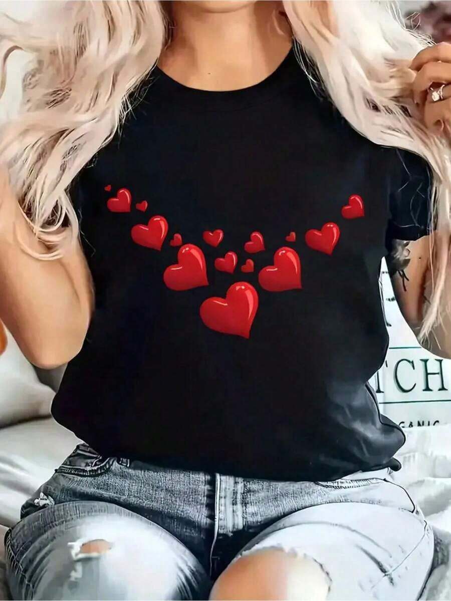 Plus Size, Elegant White T-Shirt For Women With Red Heart Print - Casual Crew Neck, Short Sleeve, Perfect For Spring And Summer, Machine Washable, Blend, Summer Fashion | Crew Neck T-Shirt | Women's T-Shirt With Shiny Texture - 黑色 - 查看 1