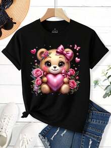 Camiseta de manga corta estilo Y2K para primavera y verano, sexy y a la moda, con un estampado de un oso con un lazo y una rosa rosa en forma de corazón, un top de manga corta y cuello redondo que realza la figura - Estilo vintage urbano, unisex, holgada, de algodón, con cuello redondo y manga corta. Blusas para mujer. blusas.blusas casuales para dama.Impresión de osos cariñosos.Camiseta estampada Impresión de osos cariñosos. - Negro - Ver 2