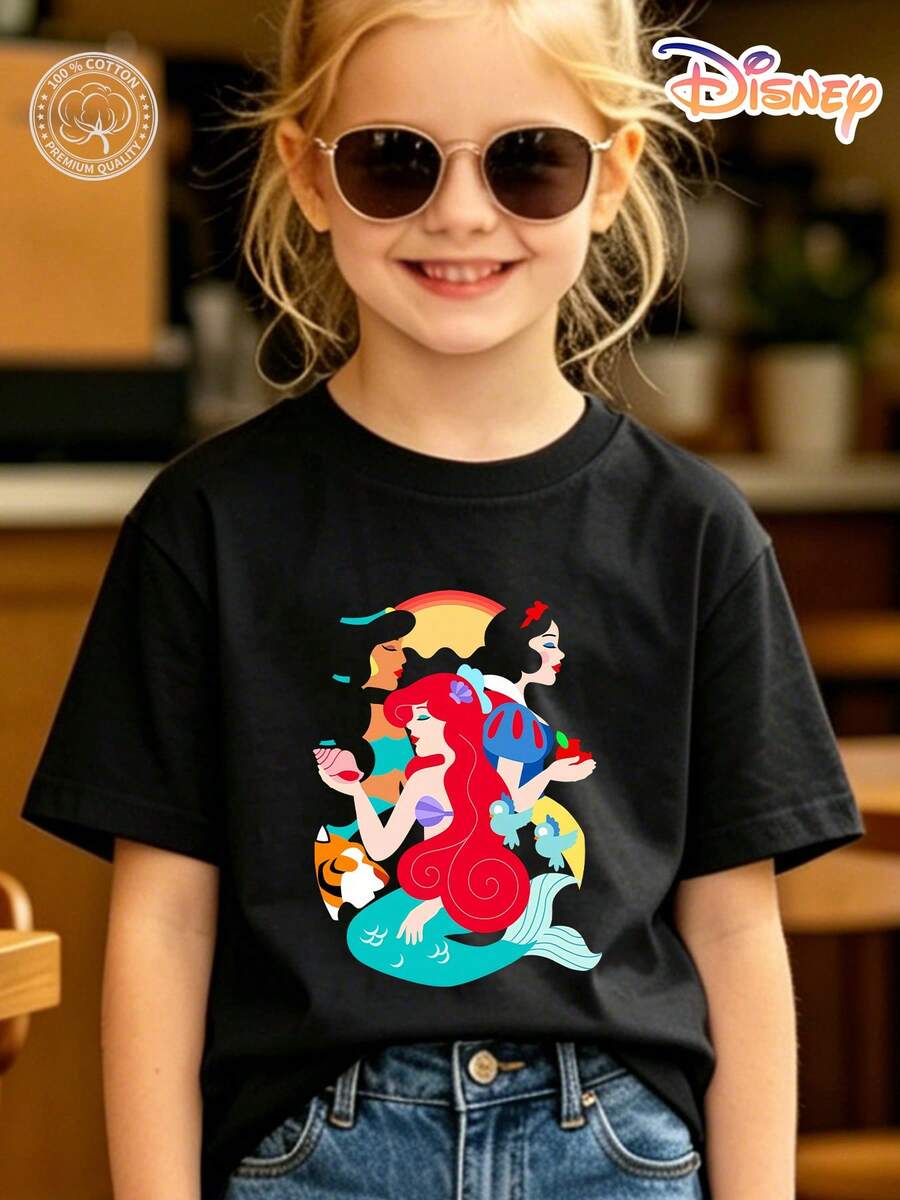 Disney Princesses Girls T‑Shirt, 100% Cotton Ariel Snow White Jasmine Group Graphic Tee, For Girls Ages 4‑14, Soft Breathable Fade‑Resistant Fabric, Ideal For Theme Park, School & Daily Casual Wear, Perfect For Vacation, Birthdays & Children's Day Gifts - màu đen - Xem 1