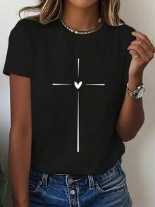 Women's Lightweight Printed T-Shirt - Black Crew Neck T-Shirt With Cross And Heart Designs, Suitable For Casual Wear Year-Round. This Women's T-Shirt Is A Wardrobe Essential, Featuring A Simple Design, Slight Stretch, And Opaque Fabric. Casual Everyday Outfit - 黑色 - 查看 1