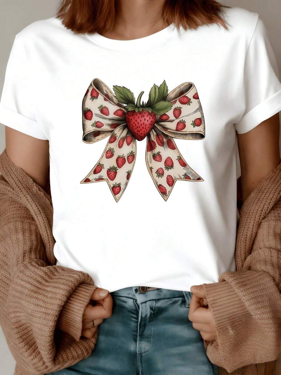 Lazo grande decorado con pequeñas fresas que simbolizan dulzura vitalidad y amor natural mostrando una conexión alegre con la naturaleza y el encanto femenino camiseta de mujer casual cómoda para uso diario elegante y fresca - Blanco - Ver 1