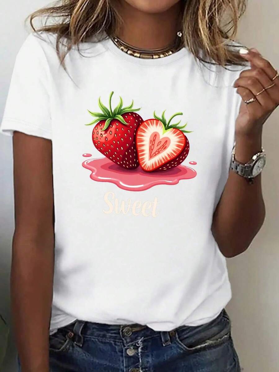 Camiseta Suave para Mujer con Estampado de Fresas - Ajuste cómodo, mangas cortas, cuello redondo, estilo casual, lavable a máquina, adecuada para uso diario. | Moda caprichosa | Camiseta gráfica de textura suave para uso diario - Blanco - Ver 1