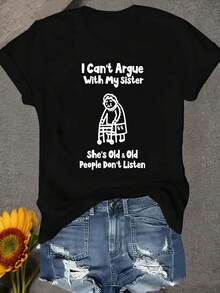 Una camiseta de mujer de manga corta, holgada, moderna, retro y elegante, adecuada para actividades al aire libre en primavera y verano.Camiseta con la frase: "No puedo discutir con mi hermana."Está envejeciendo y no escucha a los mayores."Divertida y con un toque de humor, informal para el uso diario, de cuello redondo, cómoda y suave, estilo femenino.blusas para mujer,blusas casuales para dama,tops,, mujer premium,y2k,playeras de mujer curvy,ofertas y liquidaciones ropa mujer,playeras deportivas para mujer,,playeras de hombre, mujer,blusas>elegante UXAI - Negro - Ver 8