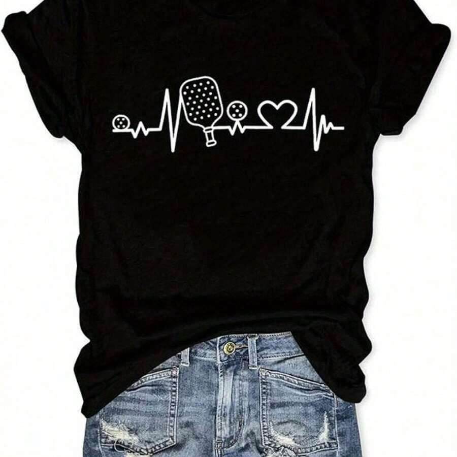 Camiseta AODDUZZA Pickleball Fun para mujer - Manga corta, cuello redondo, estampado de raqueta y pelota, tela transpirable y elástica, regalo ideal para amantes del pickleball (blanca), camiseta estampada casual y duradera, ropa cómoda para atletas y entusiastas, adecuada como regalo. playera de mujer. blusas>elegantes. boho chic,Top de mujer suave, transpirable y cómodo, ideal para primavera, verano y otoño, perfecto para vacaciones, viajes y uso diario. - Negro - Ver 1