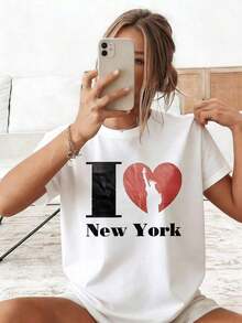 Women's Oversized Cotton T-Shirt With Love New York Graphic Print, Casual Summer Style, Gift For Women, Summer Outfits For Women, Oversized T-Shirts - 白色 - 查看 1