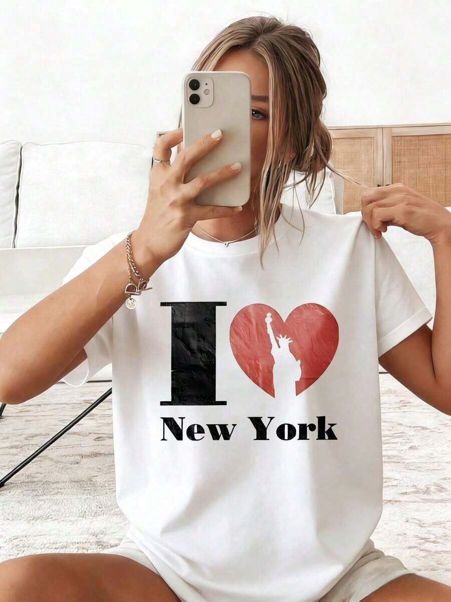 Women's Oversized Cotton T-Shirt With Love New York Graphic Print, Casual Summer Style, Gift For Women, Summer Outfits For Women, Oversized T-Shirts - 白色 - 查看 1