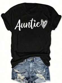 "Auntie" Print Casual T-Shirt By Soft Wo'S | Short-Sleeved Blouse With Round Neck And H-Shaped Silhouette, 95% Polyester/5% Elastane, Machine Washable, Comfortable And Stretchy Fit, Letter Design For Casual Wear, Suitable For Spring, Summer And Autumn. - 黑色 - 查看 6
