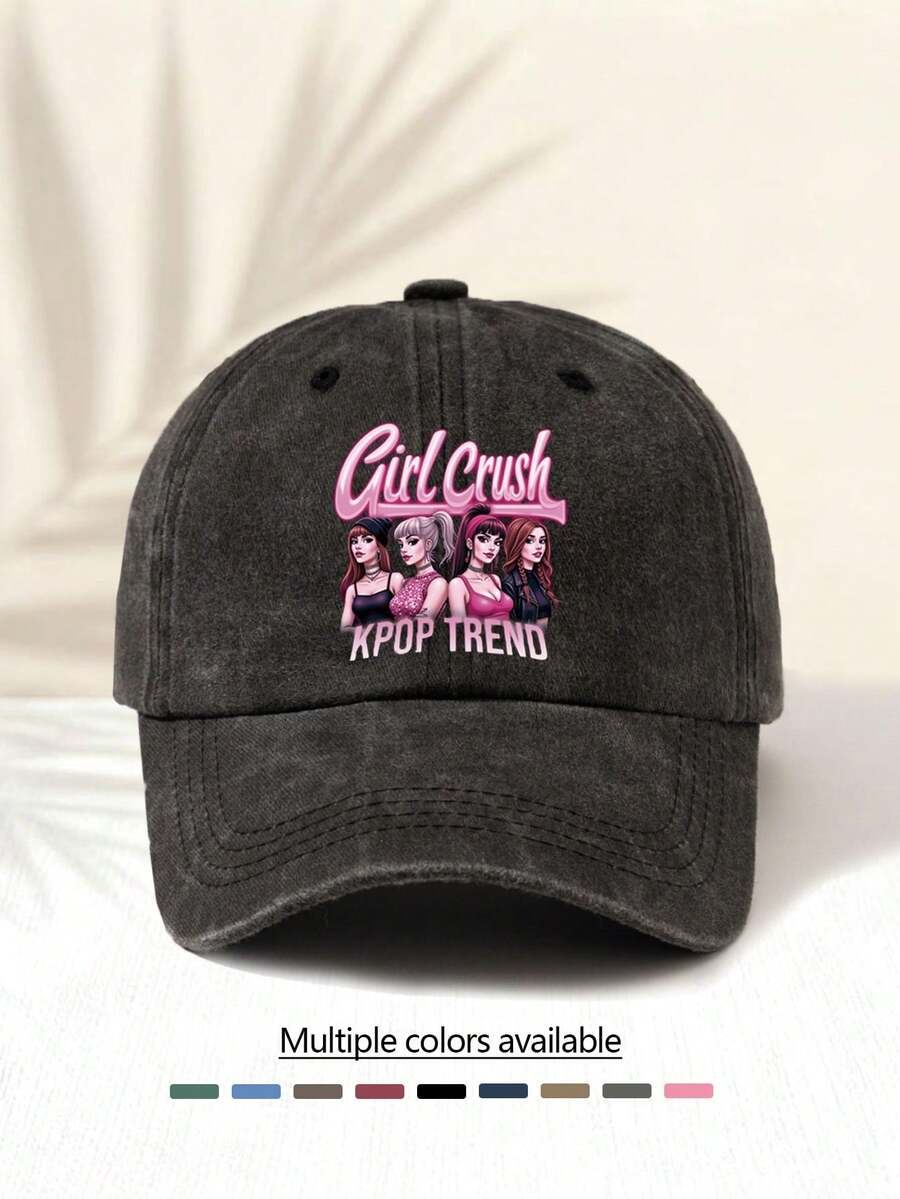 1pc Washed Baseball Cap With "GIRL CRUSH K-POP " Letter Print Pattern, Retro American Style Minimalist Casual Versatile Fashionable Unisex Accessory, Suitable For Concerts, Music Festivals, Outdoor Activities, All Seasons