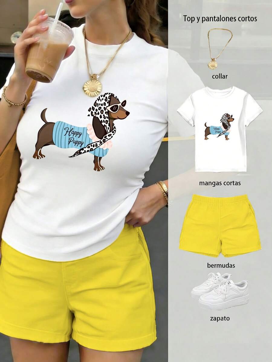 Conjunto de blusa y pantalones cortos para mujer, patrón de perro salchicha con pañuelo de leopardo y lentes, combinación de colores azul y marrón, estilo divertido - Camiseta blanca + pantalón corto amarillo - Ver 1