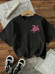 Y2K Style Summer Top, Retro Turtle Design T-Shirt, Cute And Fun, 90s Marine Motif T-Shirt, Cartoon Letter Design, Perfect Casual Wear For Women, Versatile And Comfortable, Suitable For Beach Vacation And Daily Wear. - 黑色 - 查看 6