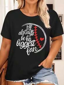 Women's Casual T-Shirt, Short Sleeve Sport Shirt With "Baseball Heart I'll Always Be His Biggest Fan" Print, Suitable For Vacation - 黑色 - 查看 5
