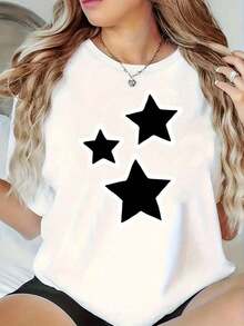 Women's Plus Size Blouses With Star Print, Round Neck, Breathable, Essential For Spring And Summer, American Casual Style, Versatile, Fashionable, Soft Fabric, Halloween Clothing, Women's Clothing, Women's Shirt, Women's Autumn Clothing, Suitable For Easter. - 白色的 - 查看 1