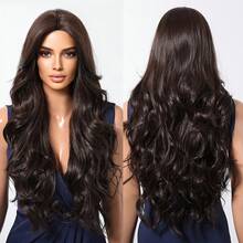 Synthetic Fiber Wig Women, Middle-Parted, Long Curly Brown Hair, Suitable Daily Wear, European And American Style, Matte High-Temperature Fiber - 黑色和棕色 - 查看 2
