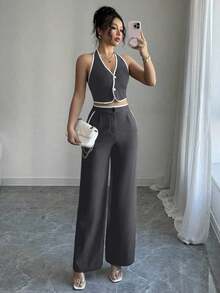 Set de 2 piezas para mujer: Top halter de cuello con recorte de contraste y espalda descubierta, y pantalones con bolsillo - Gris Oscuro - Ver 6
