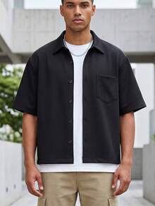 Men'S Casual Shirt | Boxy Fit Button-Up Shirt With Chest Pocket And Lapel Collar | Loose Fit, Summer Style, Slight Stretch Fabric | Ideal For Office, Daily Wear, Casual Outfits | Streetwear Style By FIVE MEN - 黑色 - 查看 10