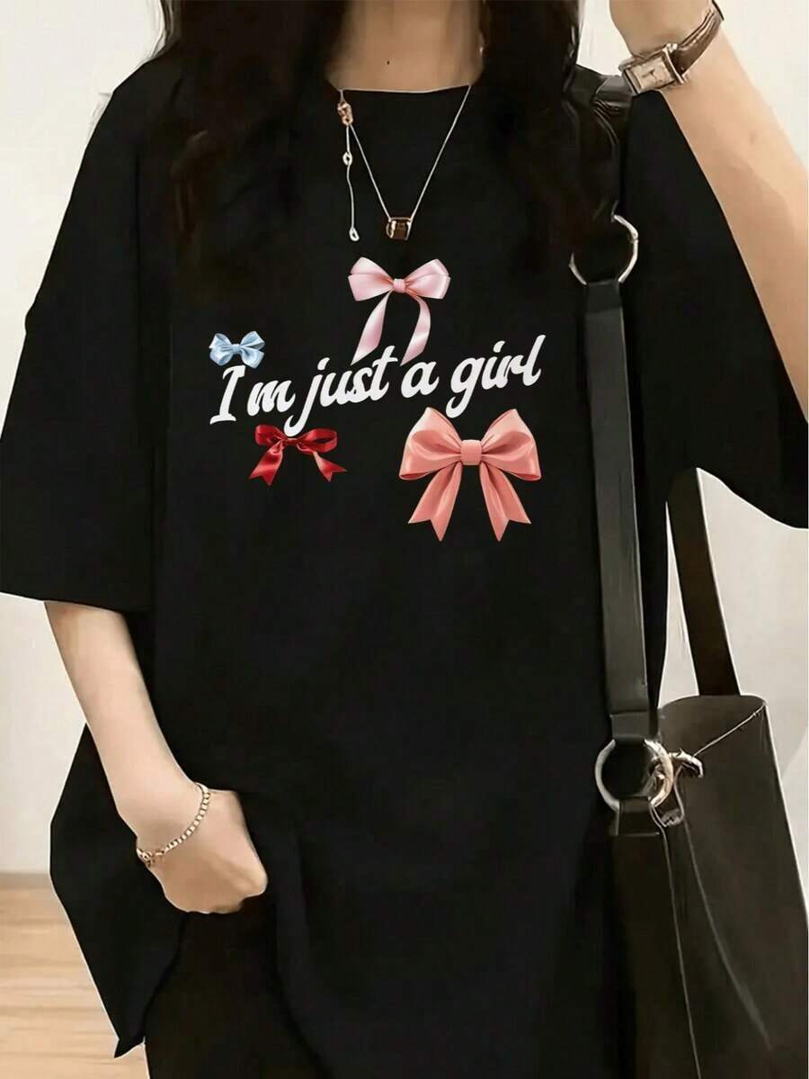 1 Piece Of Women's Fashion T-Shirt, Spring-Summer, With A White Teddy Bear Wearing Fashionable Glasses And Red And Blue Striped Pants, 180g, 100% Cotton. - 黑色 10 - 查看 1