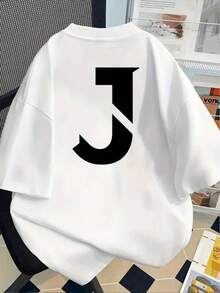 Women's Loose Fit T-Shirt With Abstract Letter J Print - White Background With Black Text, Digital Print, Short Sleeve, Crew Neck, Casual Style. Suitable For Spring And Summer, Machine Washable. Comfortable Garment To Pair In All Seasons. Soft, Modern, And Fashionable Fabric, Breathable Material, Printed T-Shirt. New Collection For Women's Fashion Enthusiasts. Shipped From Local Warehouse. Women's Christmas Clothing, Gift For Her. Exquisite Printed T-Shirt On . - 白色 - 查看 7