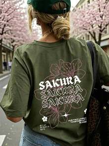 Women's Casual White T-Shirt With Sakura Graphic Print, Short Sleeve With Drop Shoulders, Round Neck, Medium Elasticity Knit Fabric For Spring Fashion - 軍綠色 - View 1