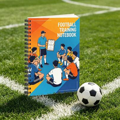 1 pièce Organisateur personnel thème entraînement de football A5, couverture de cahier avec illustration tactique fond orange et bleu, convient pour la planification tactique, les relevés de match, l'analyse de jeu