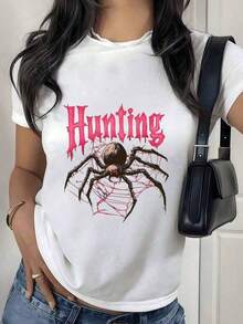 Under The Radar Women's Digital Spider And Web Print Crew Neck T-Shirt, Hunting Bouquet Theme, 1 Unit, 100% Cotton, Urban Style, Casual Design - Vintage Street Style Unisex Loose Cotton Short Sleeve Crew Neck T-Shirt - 白色 - 查看 7