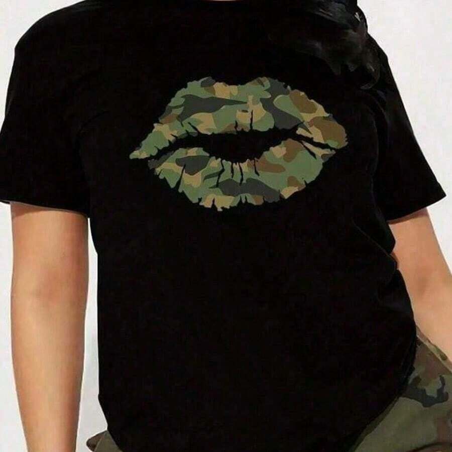 Mexican Women's Pink Camouflage Lips Print T-Shirt | Casual Short Sleeve Crew Neck T-Shirt | Machine Washable | Spring/Summer | Fashion Graphic Cotton Summer Fashion T-Shirt - 黑色 - 查看 1