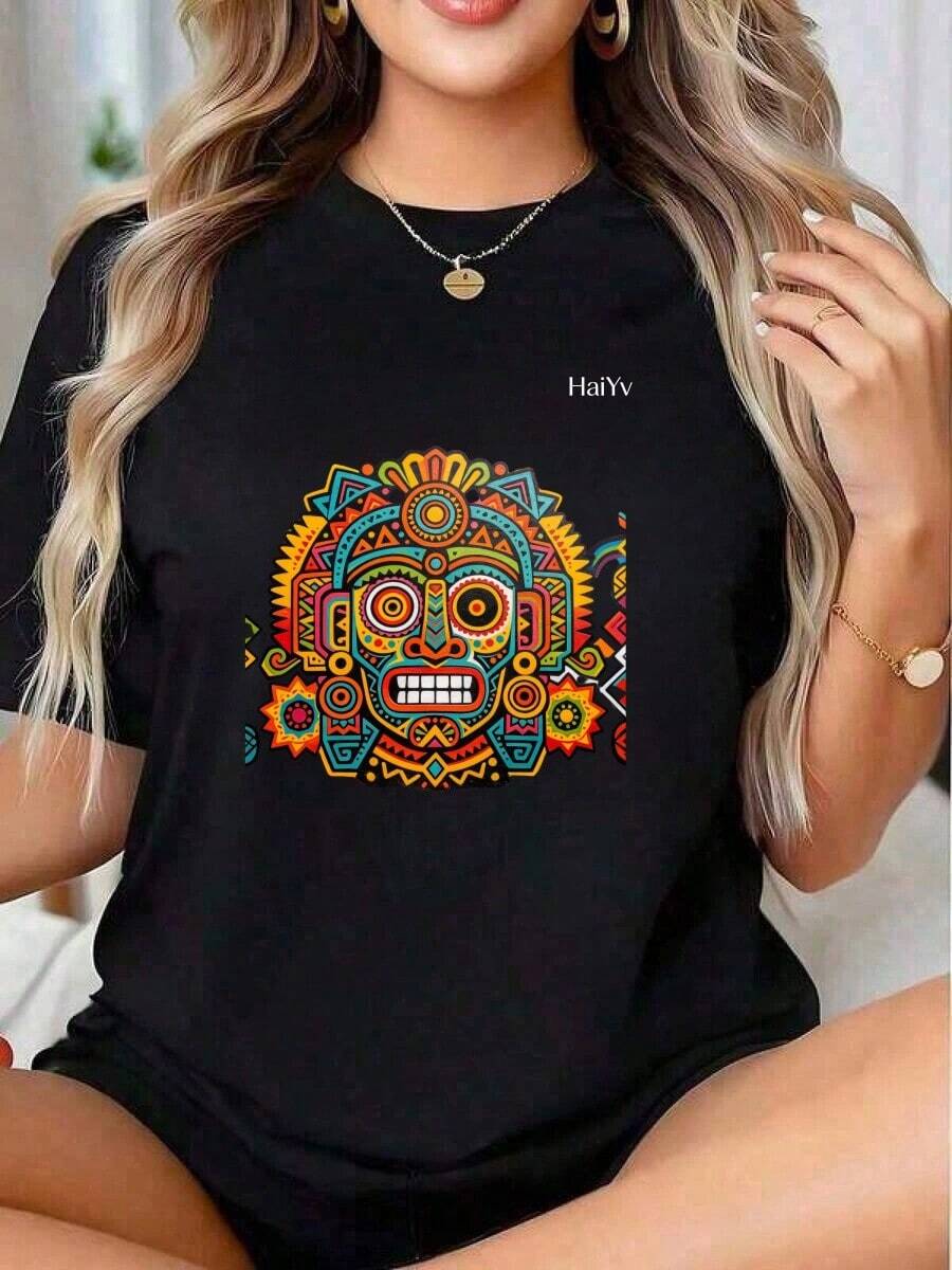 Limited Time Offer, Limited Quantity Available, Flash , Women's Shirts, Women's T-Shirts. Women's Comfortable Loose White T-Shirt, Short Sleeve Round Neck, Mexican Print, Casual T-Shirt For Everyday Wear And Going Out - 黑色 - 查看 1