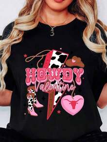 Women's Clothing Women's T-Shirt With "Howdy Valentine" Cowgirl Print, Pink Cow, Heart And Boots Design, Perfect For Valentine's Day And Western Themed Parties, Women's Shirts - 黑色 - 查看 6