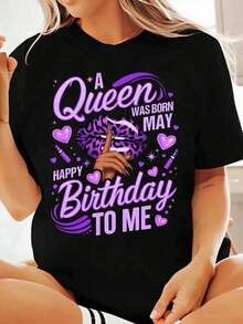Women's Cotton T-Shirts, "A Queen Was Born In May, Happy Birthday To Me", Women's T-Shirt, Birthday Gift, Purple Lipstick Design, Cute And Fun Birthday T-Shirt, Basic Women's Blouses - 黑色 - 查看 7