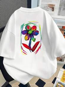 New Short-Sleeved T-Shirt, 180g, % Cotton, With Front And Back Prints - Floral, Abstract Print - Fashionable Printed T-Shirt For Women, Spring/Summer, Suitable For All Seasons,  Clothing - Can Be Worn As A Base Layer In Spring And Autumn Or Alone In Summer, Unisex. - 白色 - 查看 2