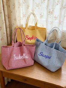 個性化刺繡字母流蘇托特包，大容量帆布通勤單肩包，沙灘包，隨機顏色蝴蝶結吊飾 - 彩色 - 查看 4