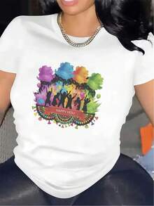 Women's Christmas Party T-Shirt, Short Sleeve T-Shirt | Bright And Vibrant Design, Comfortable Fit, Durable Fabric, Suitable For Indoor And Outdoor Gatherings, Lightweight And Breathable Top, Round Neck, Medium Stretch Fabric. - 白色 - 查看 1