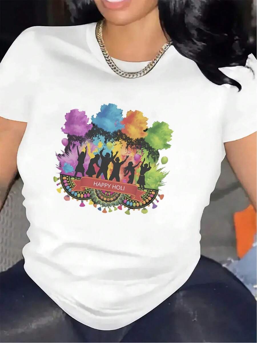 Women's Christmas Party T-Shirt, Short Sleeve T-Shirt | Bright And Vibrant Design, Comfortable Fit, Durable Fabric, Suitable For Indoor And Outdoor Gatherings, Lightweight And Breathable Top, Round Neck, Medium Stretch Fabric. - 白色 - 查看 1