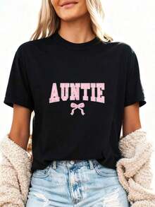 Women's Short-Sleeved T-Shirt With A Floral Print And Sweet Pink Bow, A Fun Design That Makes A Perfect Gift For Aunts Who Love Cute Styles, Made From Comfortable Pure Cotton. - 黑色4 - 查看 8