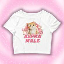 ALPHA MALE CROPPED Baby Tee, Meme Shirt, Funny Cat Shirt, Kitten, Cat Lover, Gymwear, Cute Croptop, - 白色 - 查看 1