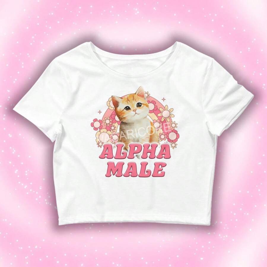 ALPHA MALE CROPPED Baby Tee, Meme Shirt, Funny Cat Shirt, Kitten, Cat Lover, Gymwear, Cute Croptop, - 白色 - 查看 1