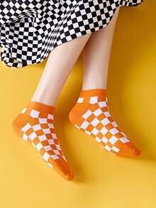 1 par/5 pares/10 pares de nuevos calcetines de tobillo con patrón de tablero de ajedrez de colores, calcetines invisibles juveniles y enérgicos - Multicolor - Ver 5