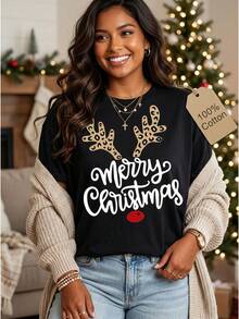 Christmas Reindeer T-Shirt: Women's Cotton Reindeer Print T-Shirt, Festive Short Sleeve T-Shirt For Christmas Parties, Comfortable And Cheerful Winter Top - 黑色 - 查看 1
