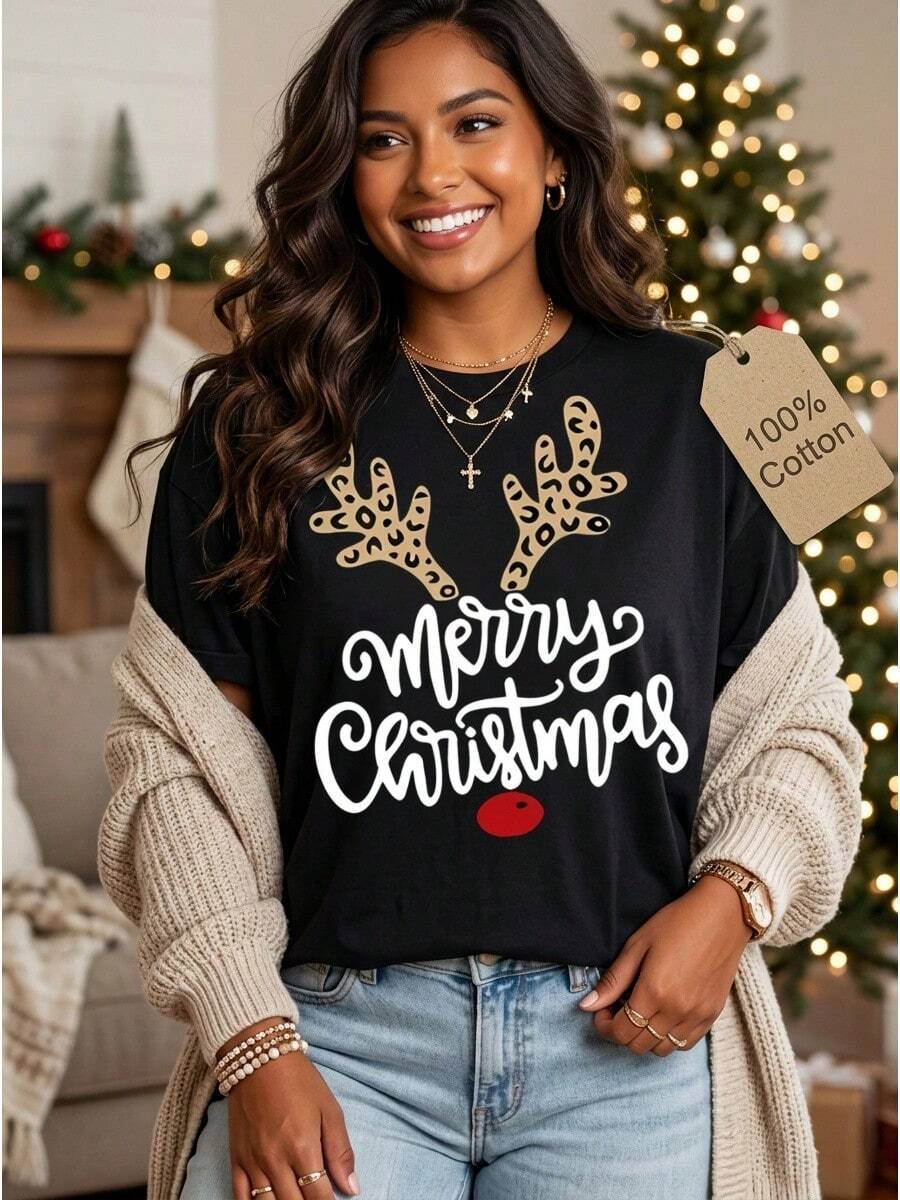 Christmas Reindeer T-Shirt: Women's Cotton Reindeer Print T-Shirt, Festive Short Sleeve T-Shirt For Christmas Parties, Comfortable And Cheerful Winter Top - 黑色 - 查看 1
