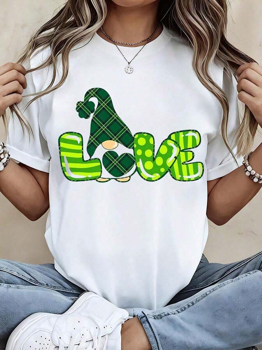 Mexican Women's Crew Neck T-Shirt With Loving Gnome Print, Short Sleeve, Casual St. Patrick's Day Wear, Summer Fashion Cotton T-Shirt - 白色 - 查看 1