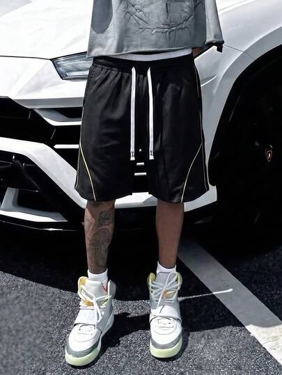 Men's Sporty Black & White Drawstring Shorts, Elastic Waistband Casual Shorts
