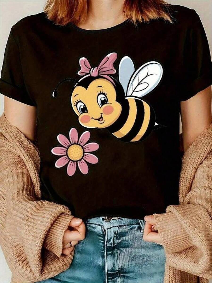 Camisetas Para Mujer AlgodónCamiseta de Abeja Adorable - Estilo Juvenil Divertido - Suave y Cómodo para Uso Diario - Ocasiones Informales - Tallas Variadas y Color Negro - Moda Casual Femenina -  de Ropa Juvenil mundial 2026 - Negro - Ver 1